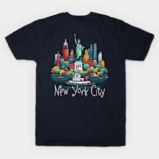Whimsical New York City Skyline | Statue of Liberty | Dark T-Shirt